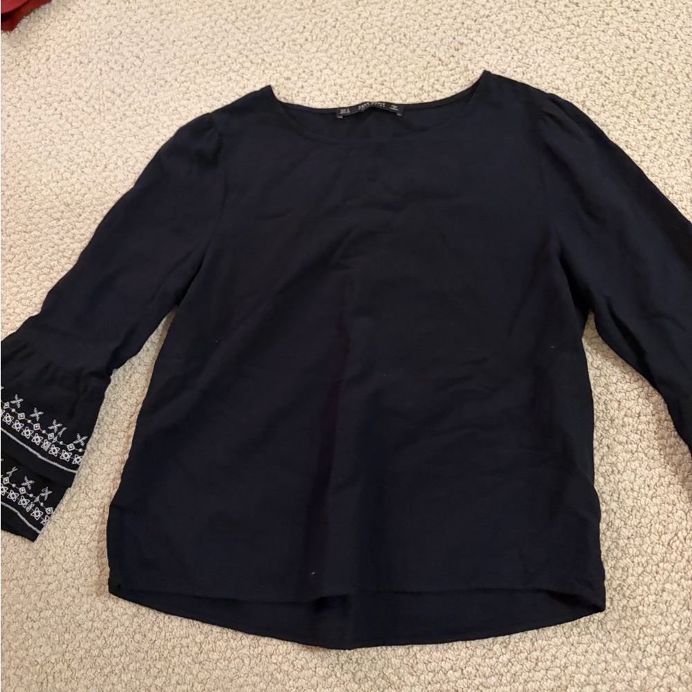 Women's Navy Embroidered Sleeve Blouse